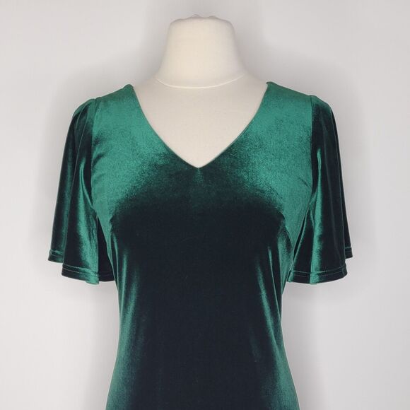 REVELRY Reese Emerald Green Velvet Maxi Dress Size S Flutter Sleeve Sash Belt - Picture 6 of 11